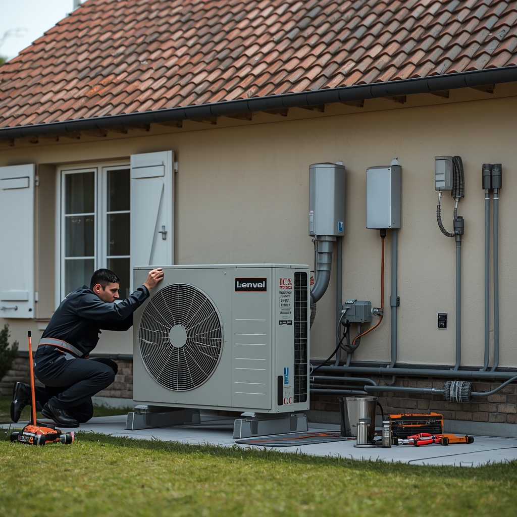 lucid-origin_Photorealistic_square_image_of_a_technician_performing_maintenance_on_a_heat_pum-0